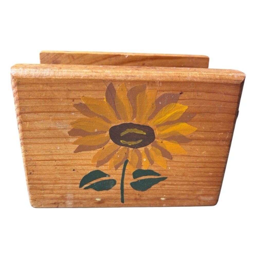 Vintage Unbranded Hand Painted Sunflower Wooden Napkin Holder Rustic Kitchen